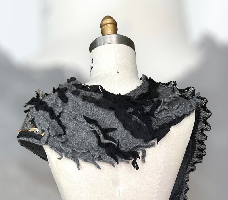Long Steampunk military style art to wear SCARF boho OOAK unisex Victorian Gray Wrap hipster cosplay Post apocalyptic Shawl Capalet ruffle image 10