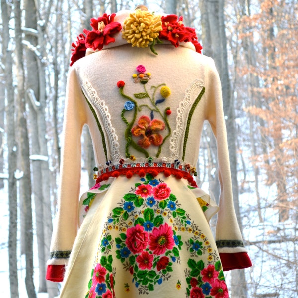 Custom Zhivago Sweater Coat for Margaux. Corset style with felted flowers collar