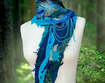 Fantasy boho wearable art Scarf, long Peacock headed Wrap
