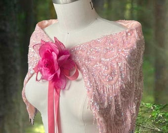 Beaded Pink Capelet: OOAK Boho Art-to-Wear Wrap with Silk Flower