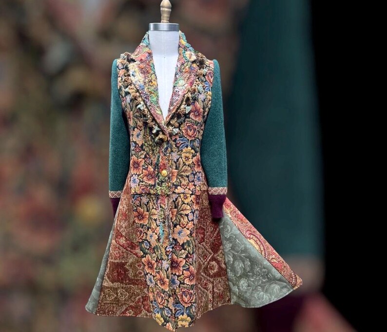 Art to Wear Floral Tapestry Tassel Coat, Boho Patchwork Amberstudios