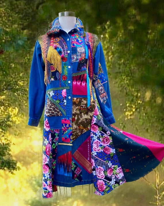 Patchwork boho Denim Coat/Jacket/Duster floral art to wear | Etsy