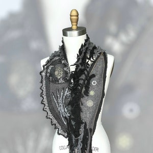 Long Steampunk military style art to wear SCARF boho OOAK unisex Victorian Gray Wrap hipster cosplay Post apocalyptic Shawl Capalet ruffle image 8