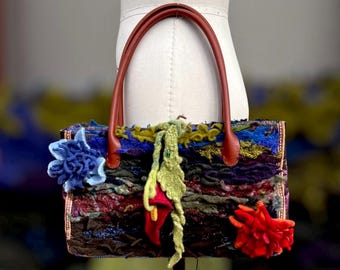 Handmade Felted Floral Handbag, Bohemian Wearable Art Bag