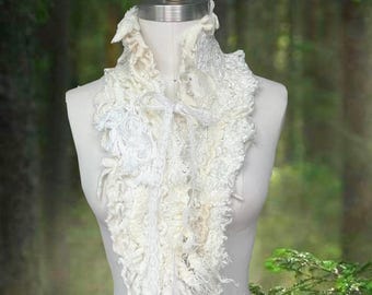 Boho white Scarf, wearable art Wrap with Poodle Applique