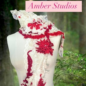 Long Fantasy boho SCARF art to wear OOAK unique fairy elegant Wrap wearable Art goddess Shawl lace beads artisan capalet with feltflowers