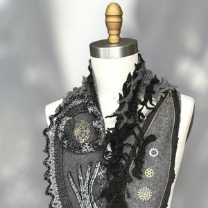 Long Steampunk military style art to wear SCARF boho OOAK unisex Victorian Gray Wrap hipster cosplay Post apocalyptic Shawl Capalet ruffle image 5