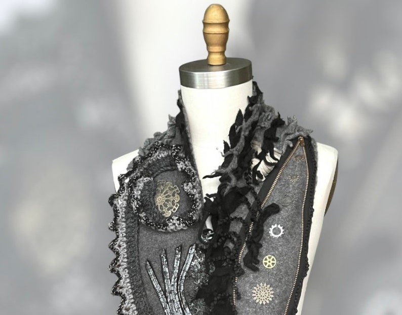 Long Steampunk military style art to wear SCARF boho OOAK unisex Victorian Gray Wrap hipster cosplay Post apocalyptic Shawl Capalet ruffle image 5