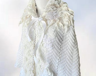 Wedding white boho Cape, Bridal unique Poncho, romantic Winter Cover-Up
