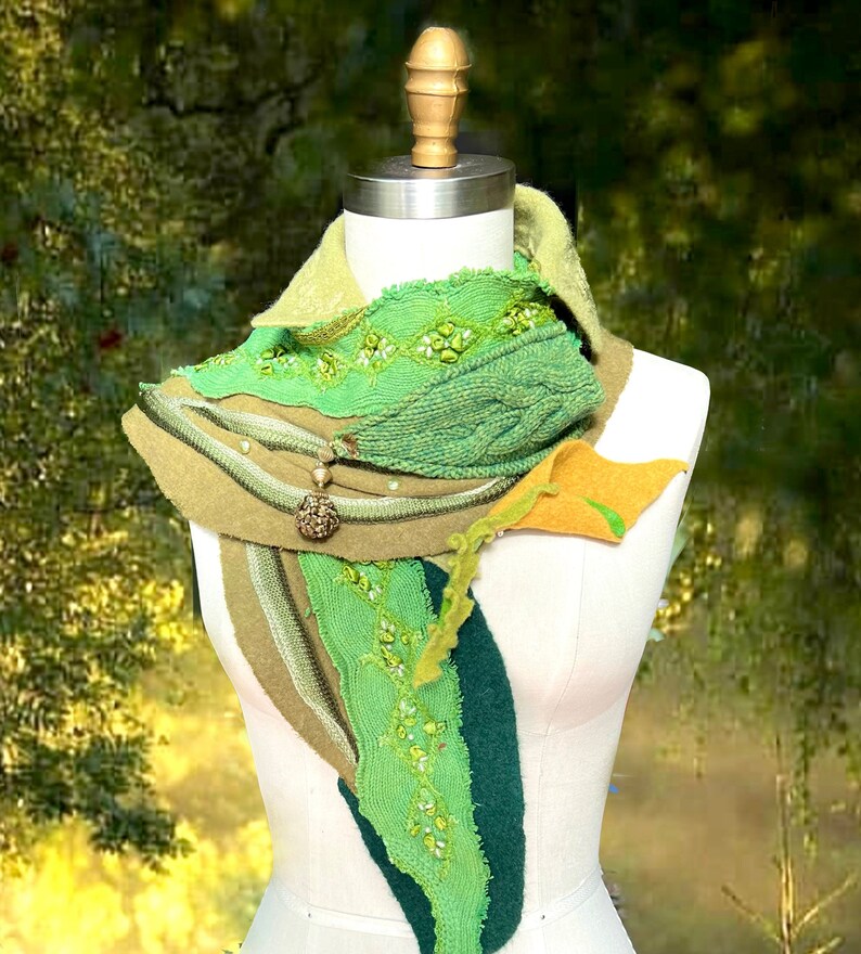 Boho art to wear embroidered Scarf artistic long OOAK Fantasy Wrap wearable art unique artisan made capalet with a pocket and felt flower image 1