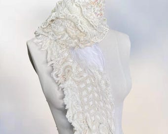 Wearable art boho Scarf, beaded lace and pearls embellished Wrap.