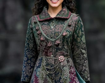 Tapestry Art-to-Wear Coat: Boho Patchwork Tassel Coat, Size L