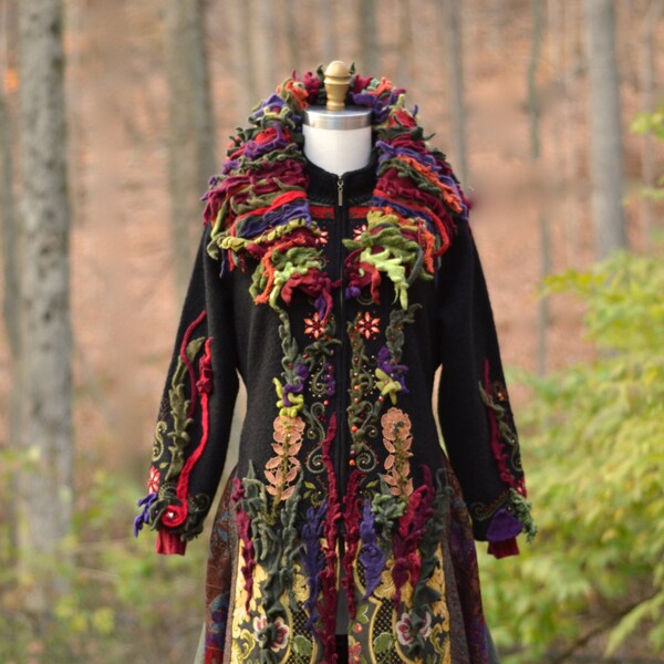 Custom patchwork boho Fantasy Sweater coat for Georgia. Up cycled  bespoke OOAK outerwear