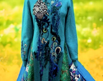 Peacock Fantasy Boho Wearable Art Sweater Coat,unique Colorful 