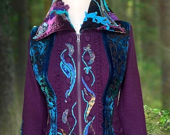Peacock wearable art boho sweater Jacket, OOAK beaded Fantasy clothing. Size Medium