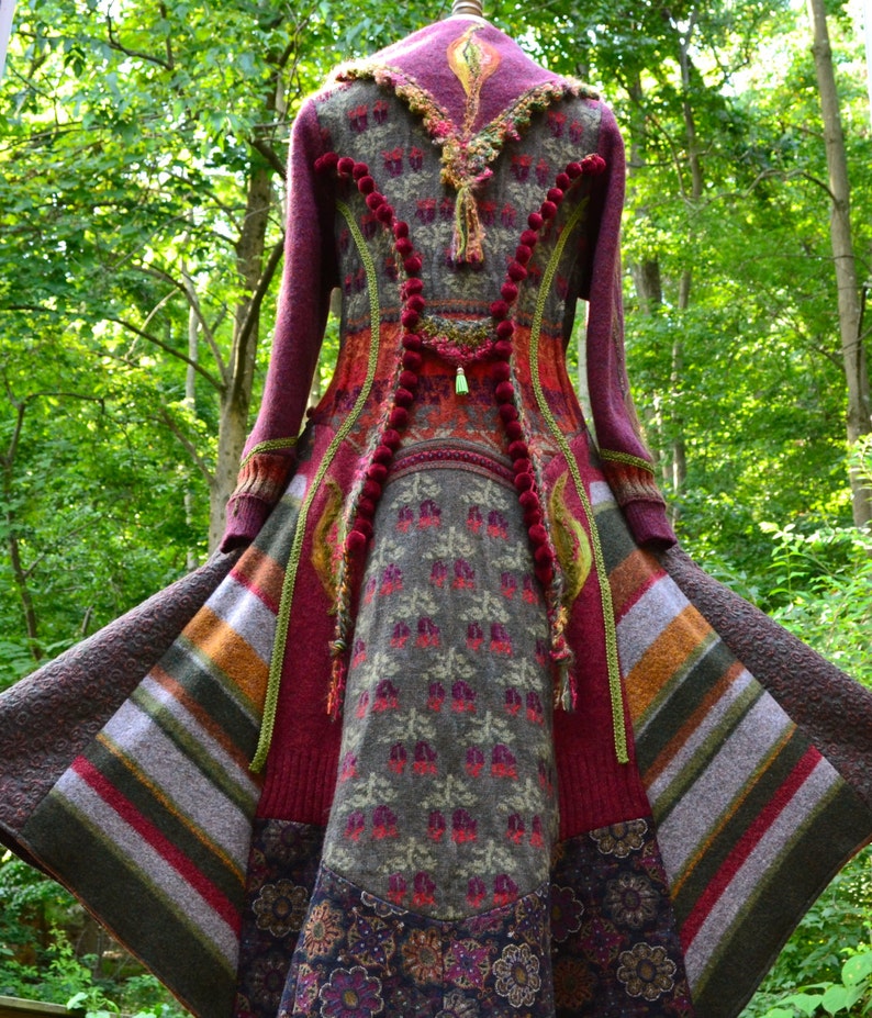 Long SWEATER COAT with oversized collar felted leaves Etsy