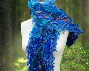 Peacock Fantasy boho  scarf, beaded OOAK wearable art non wool Wrap