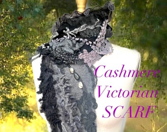 Wearable art Victorian Fantasy SCARF boho OOAK beaded goddess Wrap fairy artisan made lace satin rose Shawl long altered couture capalet