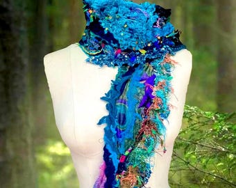Peacock OOAK boho Scarf, wearable art Amber Studios Wrap