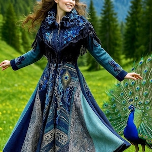 AI generated image of the model wearing Amber Studios OOAK peacock coat