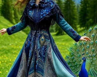 Peacock Fantasy boho Sweater Coat: long Winter OOAK Wearable Art clothing, unique romantic artisan handmade Art to wear Coat. Size XL.