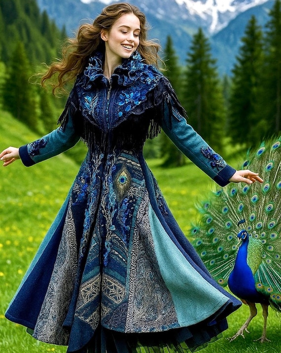 Peacock Fantasy Boho Sweater Coat: Long Winter OOAK Wearable Art