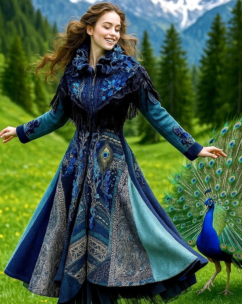 AI generated image of the model wearing Amber Studios OOAK peacock coat