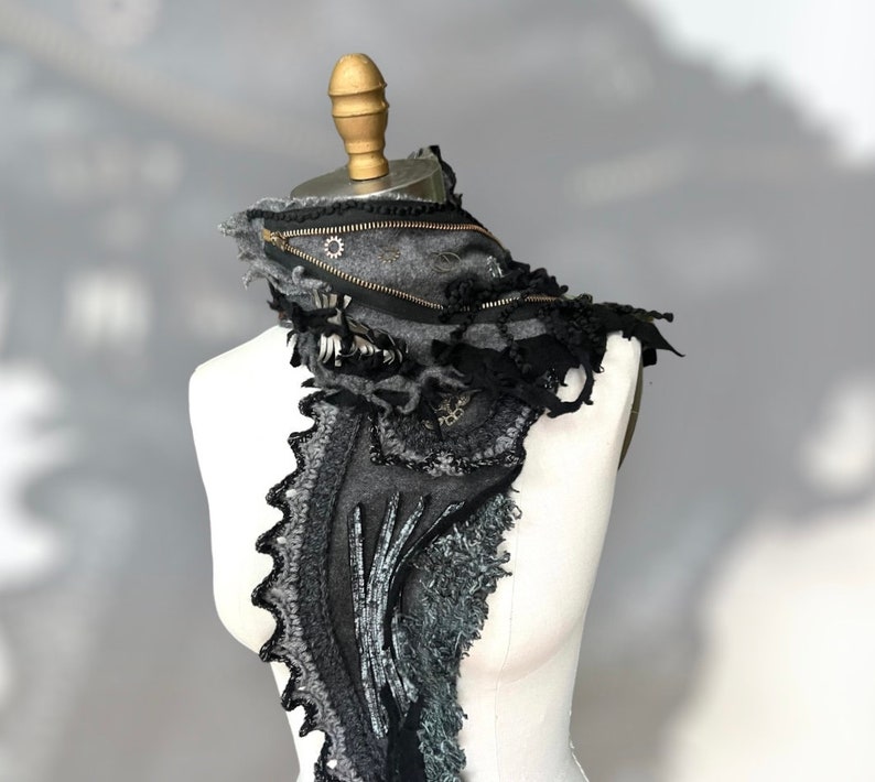 Long Steampunk military style art to wear SCARF boho OOAK unisex Victorian Gray Wrap hipster cosplay Post apocalyptic Shawl Capalet ruffle image 4
