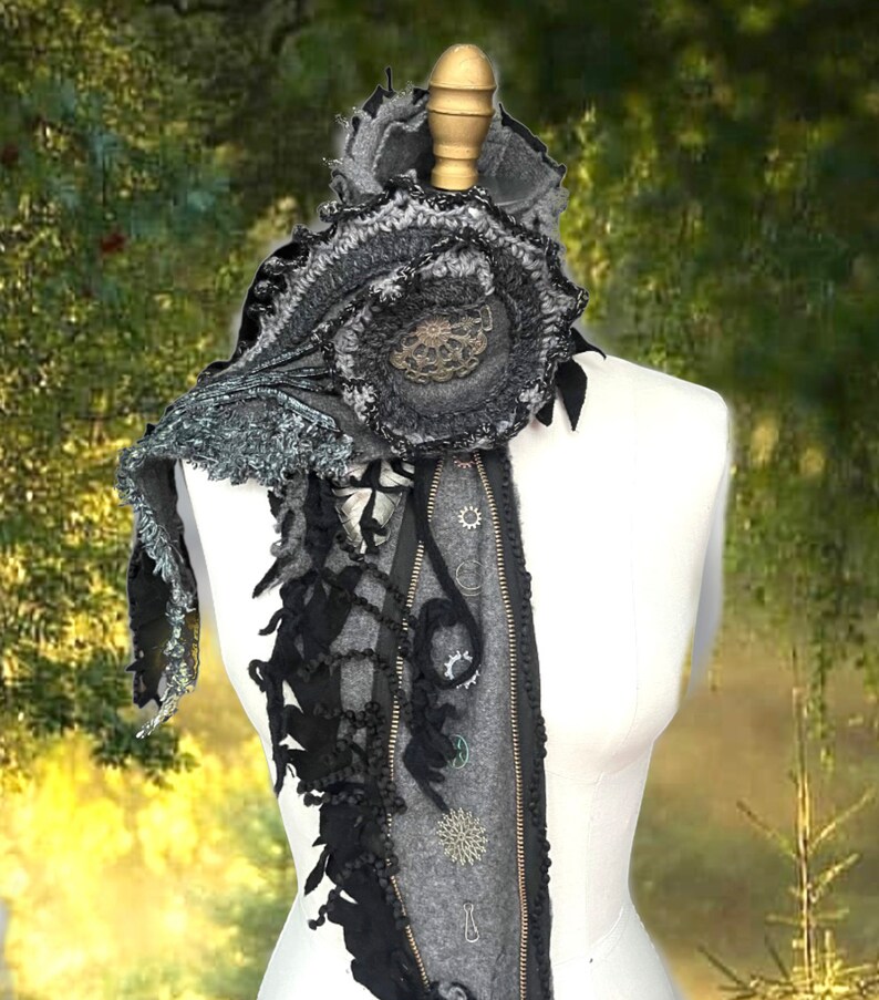Long Steampunk military style art to wear SCARF boho OOAK unisex Victorian Gray Wrap hipster cosplay Post apocalyptic Shawl Capalet ruffle image 2
