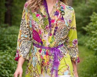 Beaded Floral boho Blouse, colorful lightweight Summer textured Jacket. Size Large.