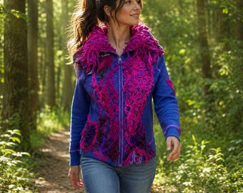 Bohemian Art Jacket in Electric Blue and fuchsia, wearable art sweater, Statement Festival Fashion. Size Small