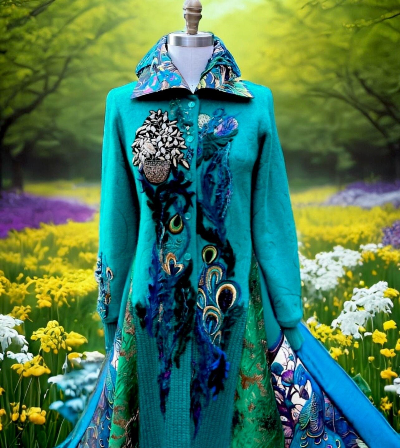 Peacock Fantasy Boho Wearable Art Sweater Coat,unique Colorful 