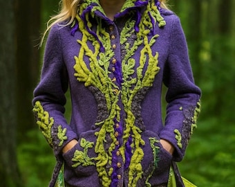 Woodland Goddess long Wool sweater Coat: Beaded Fairytale unique Fashion, OOAK wearable art coat. Size M/L