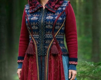 Patchwork Boho red blue long Sweater Coat: Refashioned Art-to-Wear refashion clothing. Size S