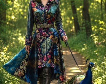 Custom Peacock boho coat for Genma, wearable art Fantasy Amber Studios clothing