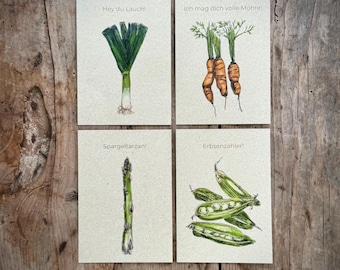 Postcard with sayings about vegetables I Hey you leek! Asparagus Tarzan! I Set of 4 I A6 I