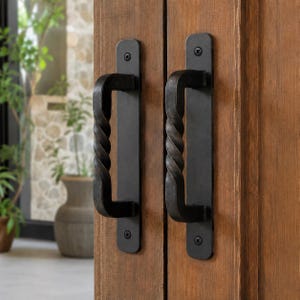 Op de afbeelding: Twee zwarte metalen deurgrepen met een gedraaid ontwerp gemonteerd op een houten deur. Elke greep is voorzien van een rechthoekige achterplaat die met twee zichtbare schroeven aan de boven- en onderkant is bevestigd voor een stevige grip.