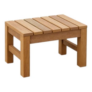 Peut inclure: Un petit repose-pieds rectangulaire en bois avec un dessus à lattes. Le repose-pieds est en bois brun clair et possède quatre pieds robustes. Le texte "Metal Touch" est visible sur le côté. Il mesure environ 46 cm de long, 30 cm de large et 25 cm de haut.