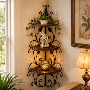 May include: A three-tier corner shelf featuring a black wrought iron frame with scrollwork and leaf accents. The unit has three semi-circular wooden shelves with a dark brown finish. A small potted plant, a Buddha figurine, and a glass candle holder.