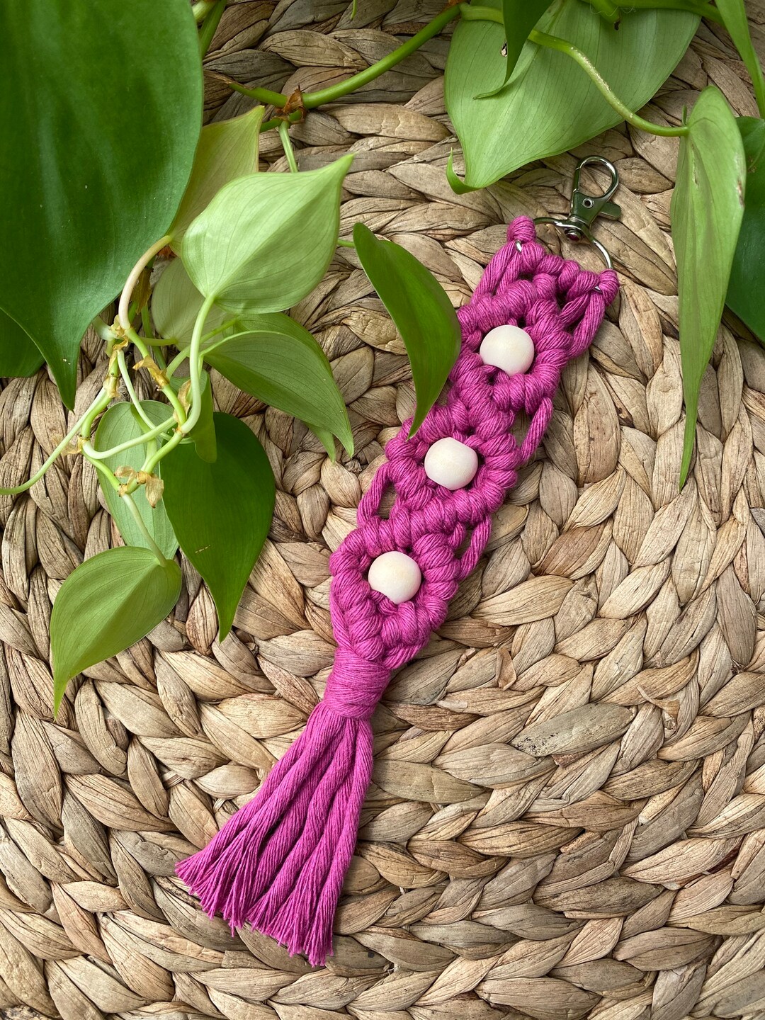 Macrame Keychain With Wooden Bead Boho Keychain Raspberry Etsy