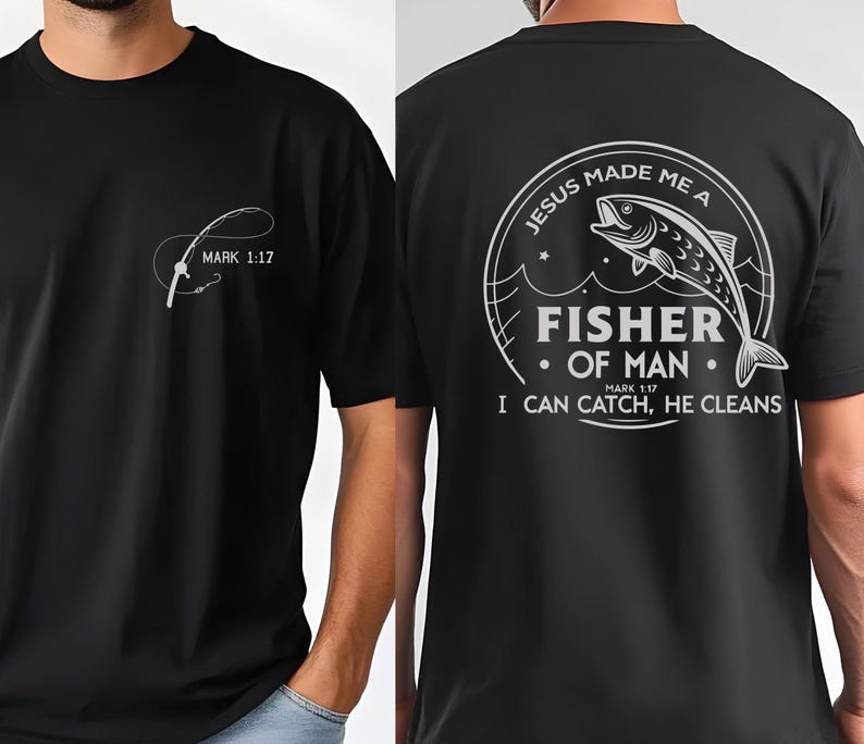 a man wearing a black t - shirt with a fish on it