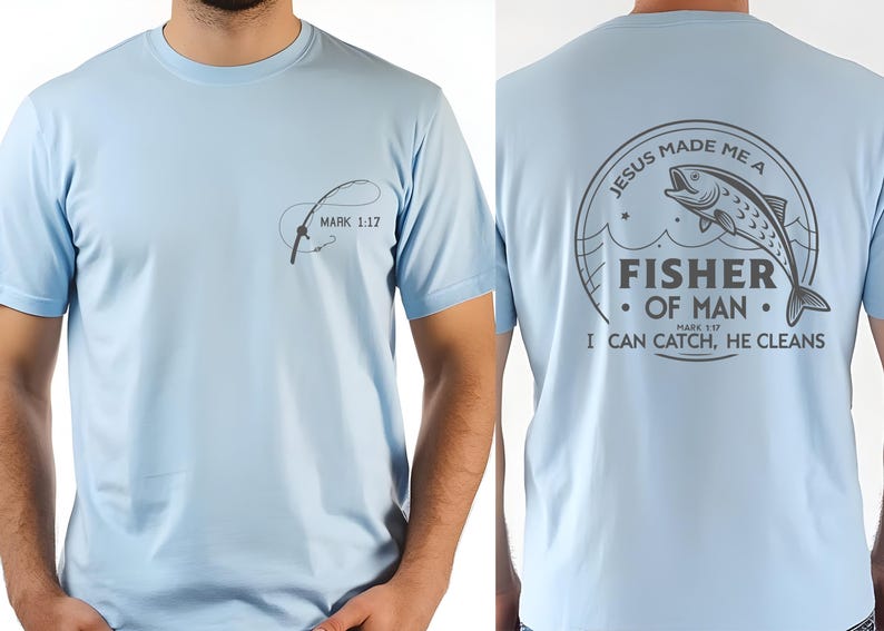 a man wearing a light blue shirt with a fish on it