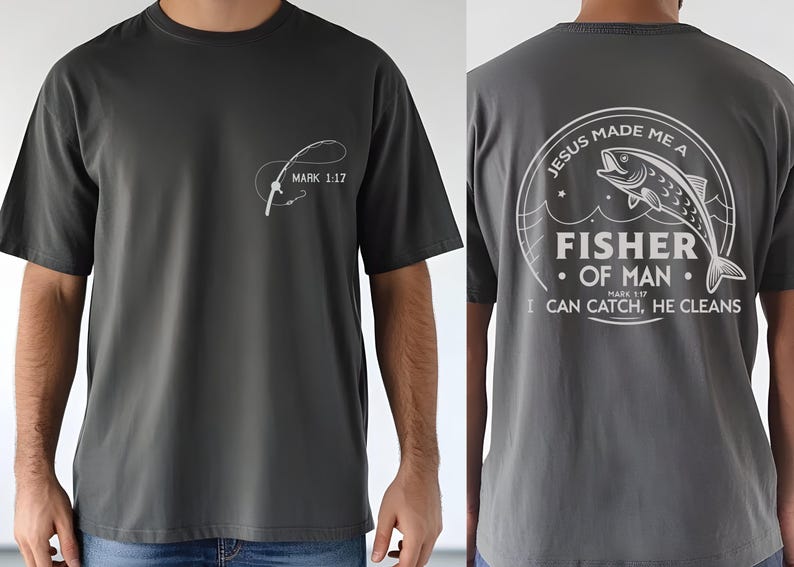 a man wearing a t - shirt with a fish on it