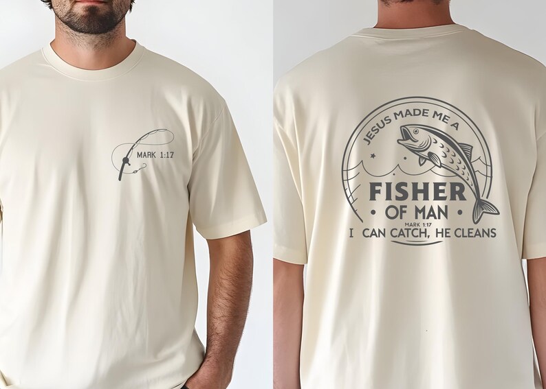 a man wearing a t - shirt with a fish on it