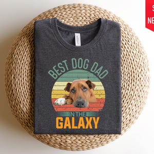 Puede incluir: Camiseta gris oscuro con un gráfico de estilo retro que dice "Best Dog Dad in the Galaxy". El gráfico presenta un perro marrón y blanco con un fondo de puesta de sol.