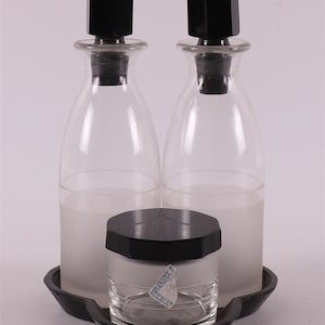 Antikes Art-Deco-Set aus Öl, Essig und Senf aus Glas/schwarzem Glas mit Schüssel auf dem Sockel