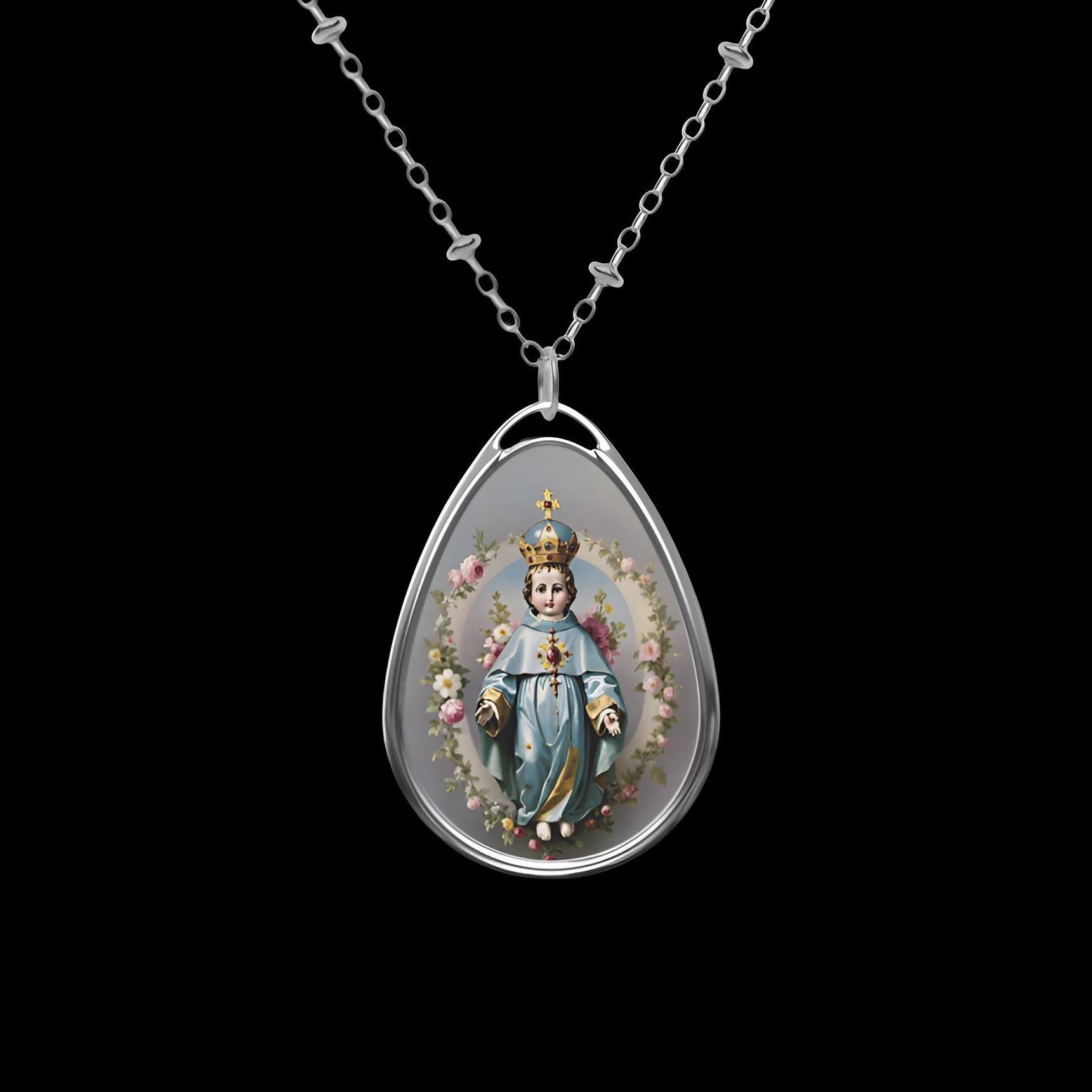 Silver Infant Jesus of Prague Pendant Necklace, Infant of Prague