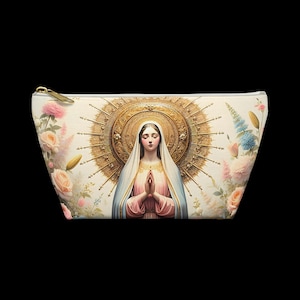 Jungfrau Maria T-Boden Reißverschlusstasche, Katholische Messtasche, Florale christliche Schminktasche, Gebetstasche, Inspirierendes Geschenk, katholisches Geschenk