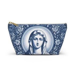 Blaue Jungfrau Maria T-Boden Reißverschlusstasche, Katholische Messtasche, Schminktasche, Gebetstasche, Muttergottestasche, Erinnerungstasche der Heiligen Mutter