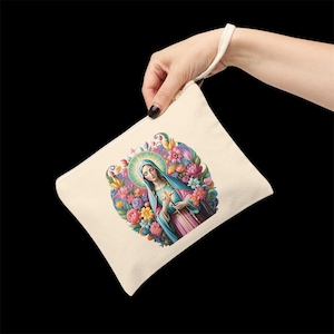 Jungfrau Maria Reißverschlusstasche, Jungfrau Maria Rosenkranztasche, Rosenkranzetui, Mini-Clutch-Tasche, Kapellenschleier-Massentasche, Tote Cotton Canvas katholisch